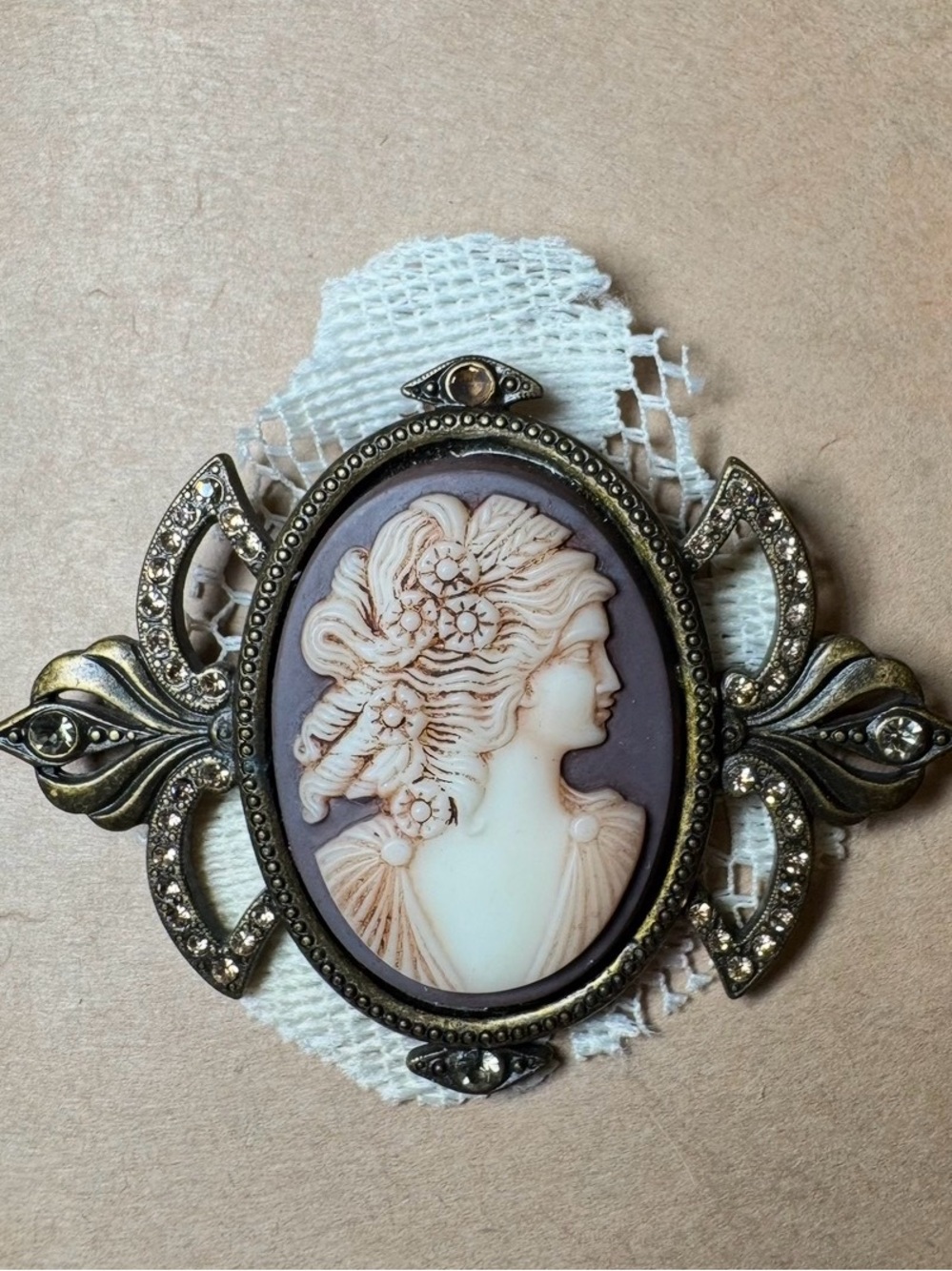 Sweet Romance USA Vintage Cameo Brooch with Rhinestone Accents and Lace Backing